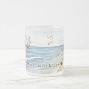 Ocean Boat Sea Birds Sand Beach Frosted Glass Coffee Mug