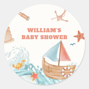 Ocean Boy Adventure Sailboat Baby Shower  Classic Round Sticker