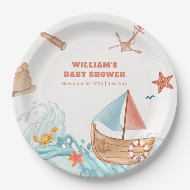 Ocean Boy Adventure Sailboat Baby Shower  Paper Plate (Front)