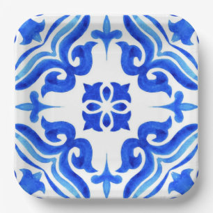 Ocean Breeze Ceramic Watercolor Blue Mosaic Paper Plate