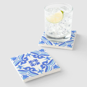 Ocean Breeze Ceramic Watercolor Blue Mosaic Stone Coaster