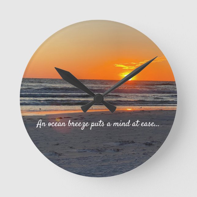 Ocean Breeze Quote With Beautiful Sunset Round Clock (Front)
