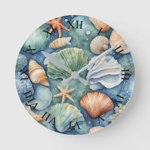 Ocean Breeze Watercolor: Seashell and Starfish Round Clock