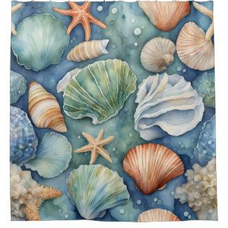 Ocean Breeze Watercolor: Seashell and Starfish Shower Curtain