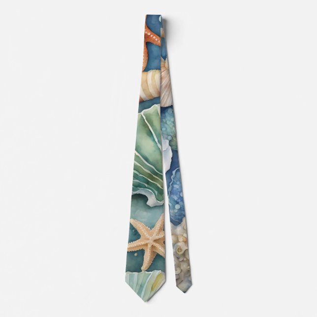 Ocean Breeze Watercolor: Seashell and Starfish Tie (Front)