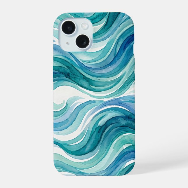 Ocean Breeze Watercolor Waves iPhone 15 Case (Back)