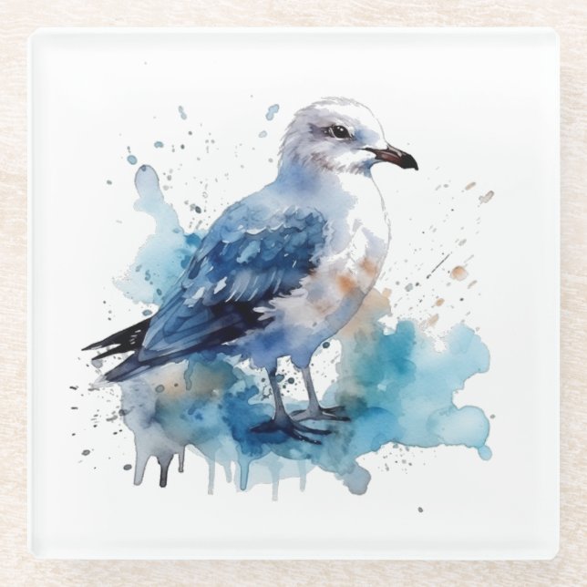 Ocean Breeze: watercolorWSeagull Glass Coaster (Front)