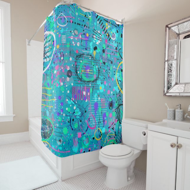 Ocean Bubbles: Maximalist Art Shower Curtain (In Situ)
