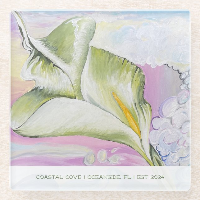 Ocean Calla Lily Vacation Home Glass Coaster (Front)