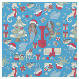 ocean christmas black mermaid seahorse jellyfish  fabric