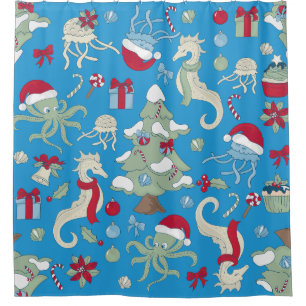ocean christmas seahorse santa octopus jellyfish  shower curtain