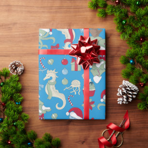 ocean christmas seahorse santa octopus jellyfish wrapping paper
