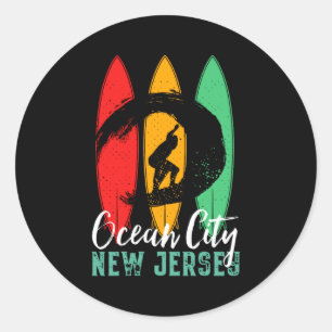 Ocean City Beach New Jersey Vintage Retro Surfing Classic Round Sticker
