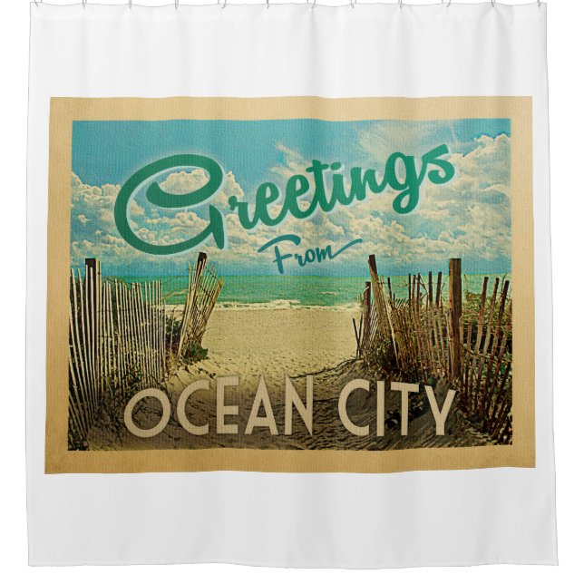 Ocean City Beach Vintage Travel Shower Curtain (Front)