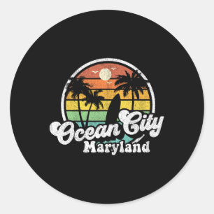 Ocean City Maryland Beach Vacation Retro Surfing S Classic Round Sticker