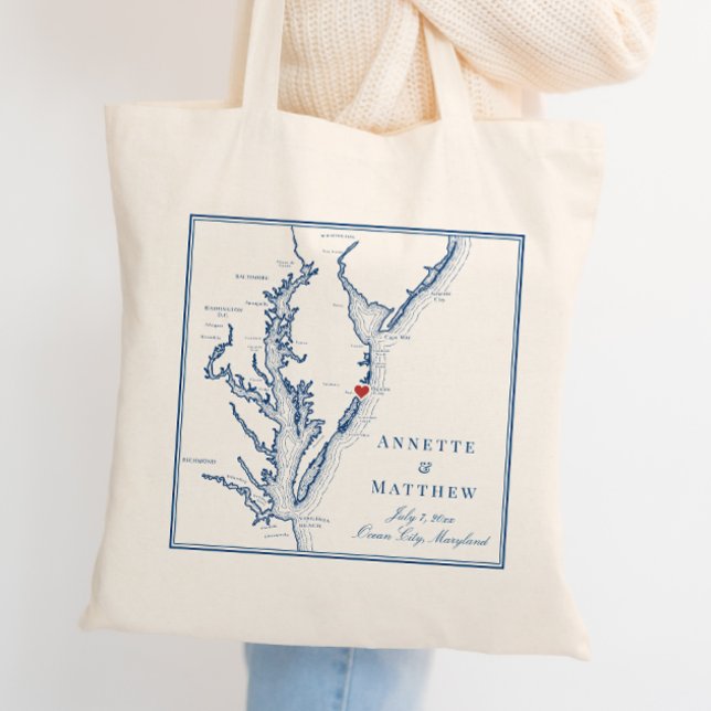 Ocean City Maryland Elegant Navy Wedding Welcome Tote Bag (Ocean City Maryland Wedding Favor Welcome Tote Bag in elegant navy blue from Coastal Map Designs)