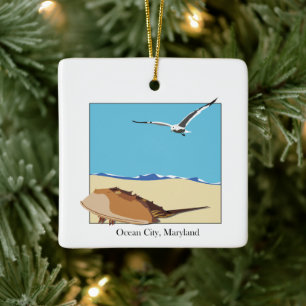 Ocean City, Maryland Horseshoe Crab Seagull Beach Ceramic Ornament
