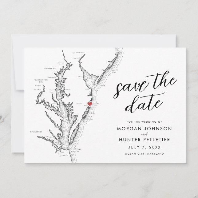 Ocean City Maryland Map Minimal Modern Wedding Save The Date (Front)