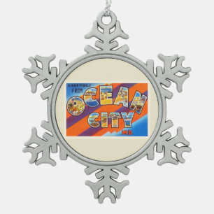 Ocean City Maryland MD Vintage Travel Postcard- Snowflake Pewter Christmas Ornament