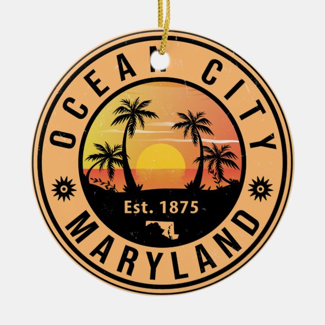Ocean City Maryland Retro Sunset Souvenirs 60s Ceramic Tree Decoration (Front)