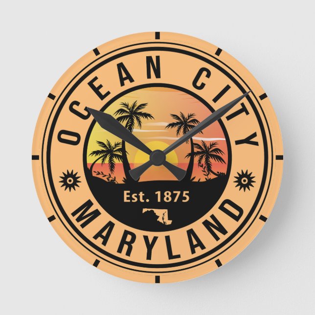 Ocean City Maryland Retro Sunset Souvenirs 60s Round Clock (Front)