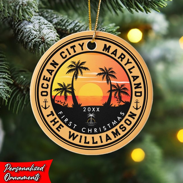 Ocean City Maryland Retro Sunset Souvenirs 80s Ceramic Tree Decoration (Creator Uploaded)