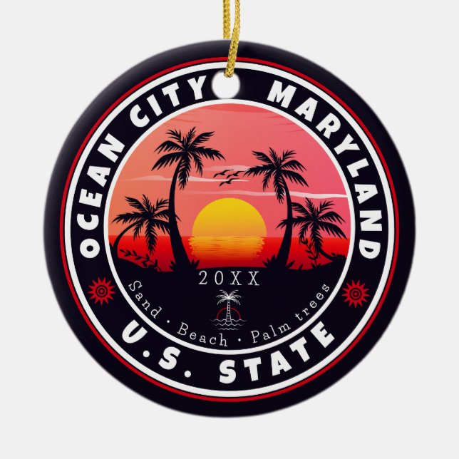 Ocean City Maryland Retro Sunset Souvenirs 80s Ceramic Tree Decoration (Front)