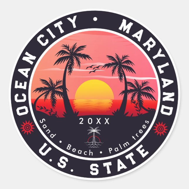 Ocean City Maryland Retro Sunset Souvenirs 80s Classic Round Sticker (Front)
