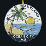 Ocean City Maryland Vintage Ceramic Tree Decoration<br><div class="desc">Ocean City hand drawn illustration with palm trees and waves in the background. Perfect for anyone who loves to visit Ocean City.</div>