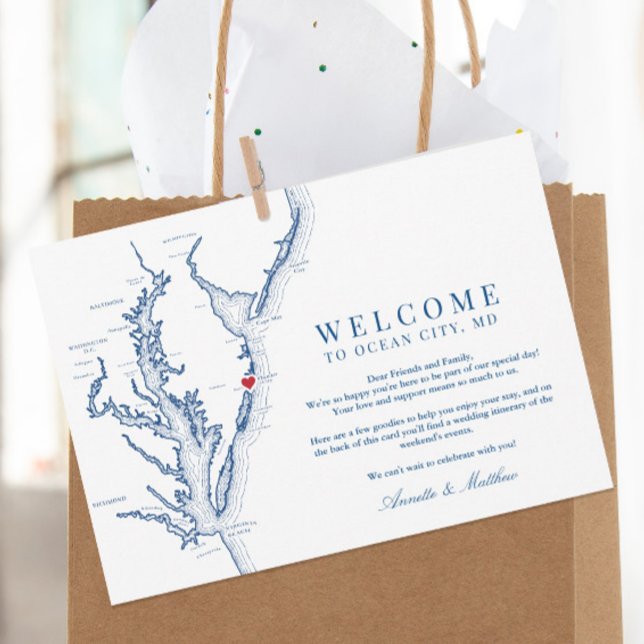 Ocean City Maryland Wedding Welcome and Itinerary Thank You Card (These Ocean City MD wedding welcome cards include your wedding weekend events on the back)