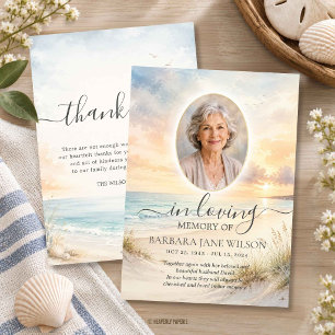 Ocean Coastal Beach Sunset Photo Funeral Memorial Thank You Card