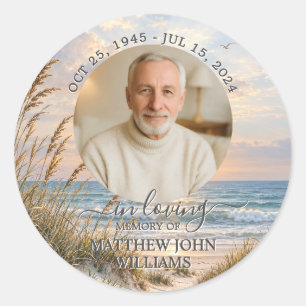 Ocean Coastal Sunset Male Photo Funeral Memorial  Classic Round Sticker