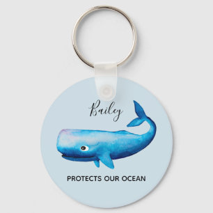 Ocean Conservation Watercolor Whale Sea Typography Key Ring