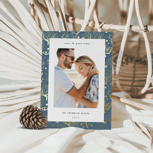 Ocean Coral Border Vertical Photo Foil Holiday Card