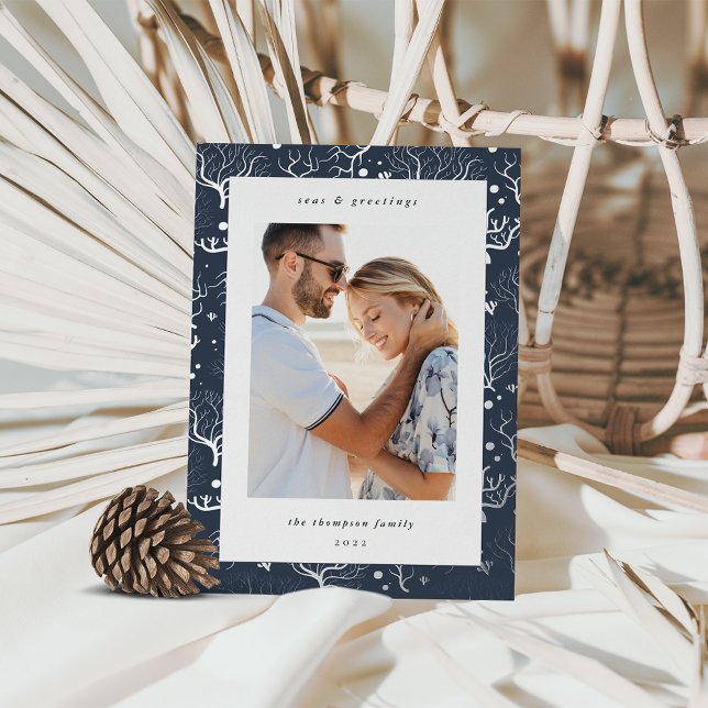 Ocean Coral Border | Vertical Photo Foil Holiday Card (Creator Uploaded)