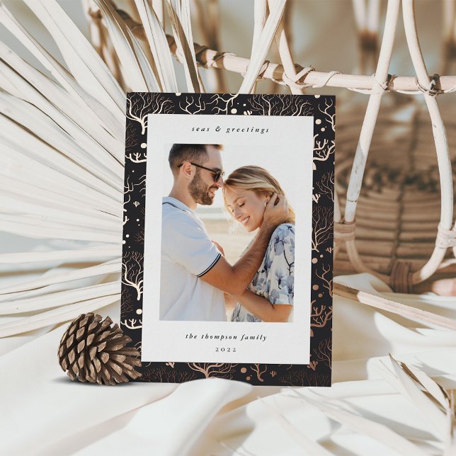Ocean Coral Border | Vertical Photo Foil Holiday Card (Creator Uploaded)