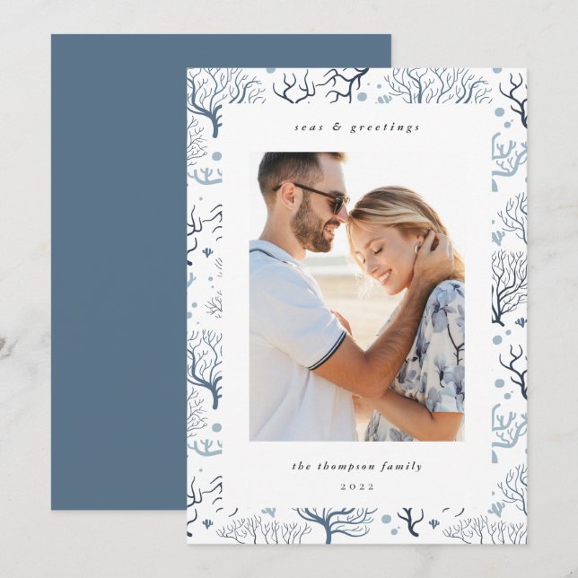 Ocean Coral Border | Vertical Photo Holiday Card (Front/Back)