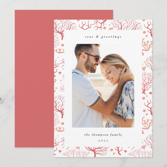 Ocean Coral Border | Vertical Photo Holiday Card (Front/Back)
