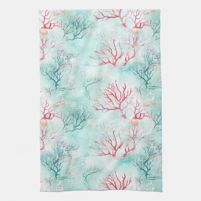 Ocean Coral Reef Pattern Tea Towel (Vertical)