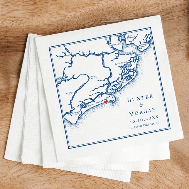 Ocean Course Wedding Kiawah Island SC Map Blue Napkin (Kiawah Island SC Map Napkins for an Elegant Navy Blue Destination Wedding from Coastal Map Designs)