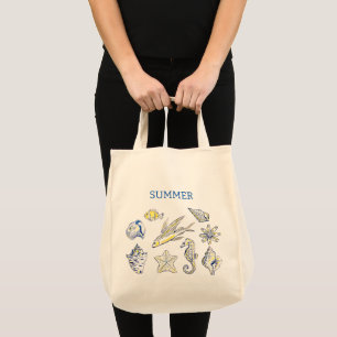 Ocean creatures blue and yellow tote bag