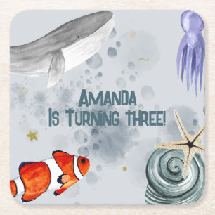 Ocean Creatures Kids Birthday Party Blue Square Paper Coaster