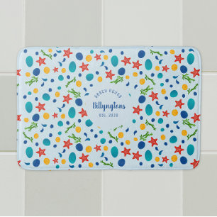 Ocean custom family name beach house sea collage bath mat