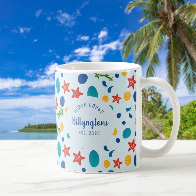Ocean custom family name beach house sea collage coffee mug (Custom family name mug with tropical sea collage )