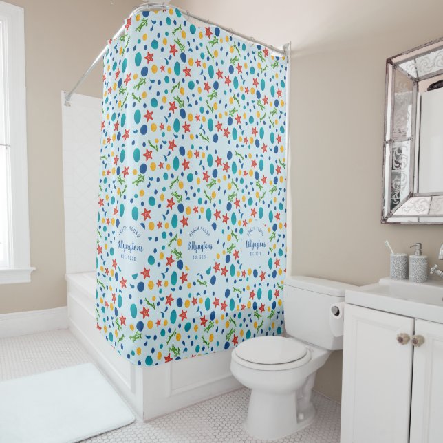 Ocean custom family name beach house sea collage shower curtain (In Situ)