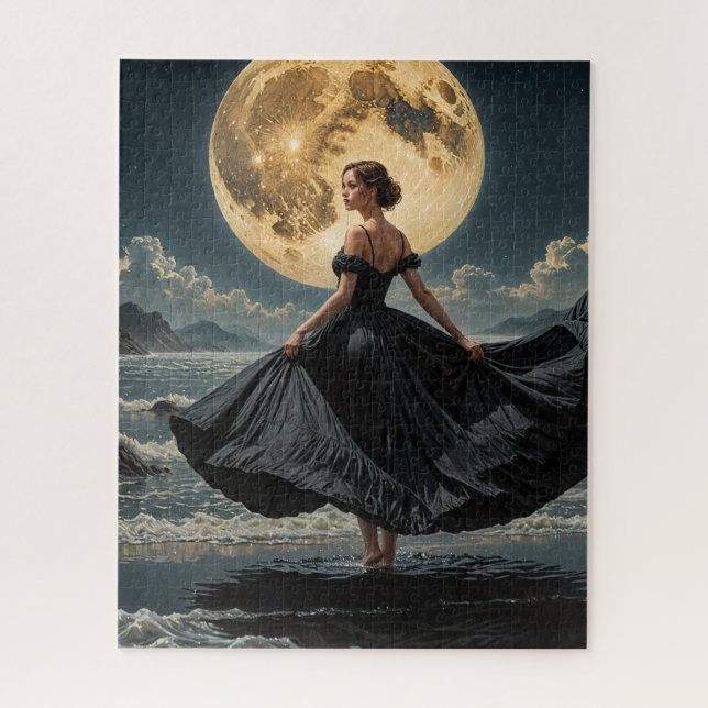 Ocean Dance Under the Moon Woman in Black Dress Jigsaw Puzzle (Vertical)
