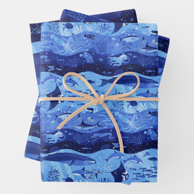 Ocean Depth Zones - Undersea Animals Set of Three  Wrapping Paper Sheet (In situ)