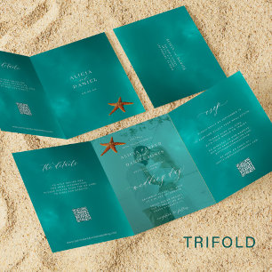 Ocean destination wedding photo QR RSVP details Tri-Fold Invitation