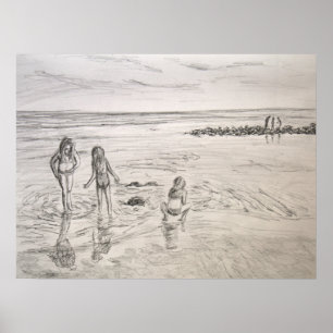 Ocean Discoveries Beach Day Pencil Art Drawing Poster