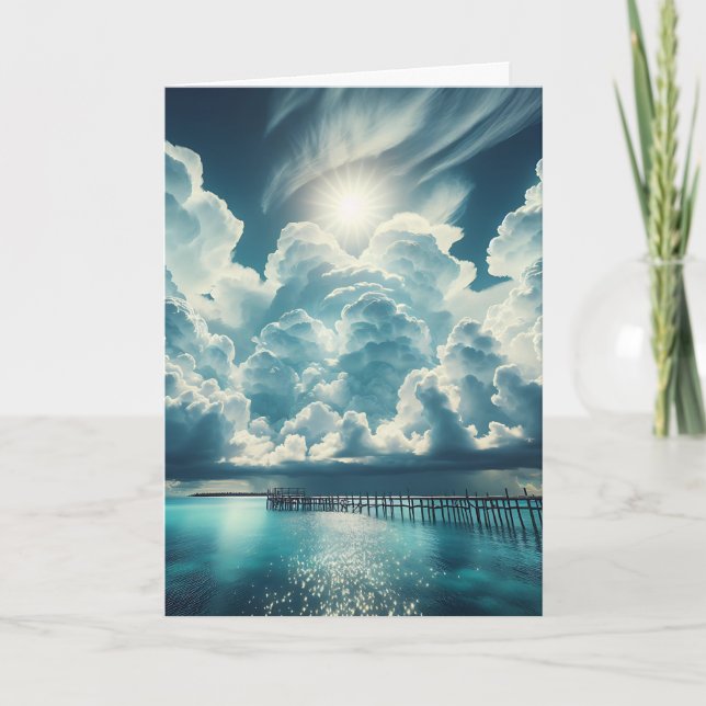 Ocean, Dock and Fluffy Clouds Thinking of You Card (Front)